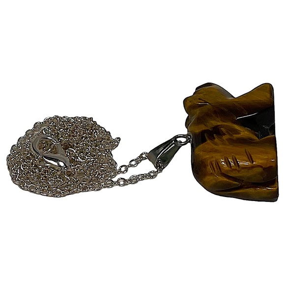 Bear tigers eye glossy metallic charm carved pendant necklace on silver chain - Picture 8 of 16